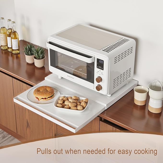 VibeNest Steel Microwave Stand with Pull-Out Shelves | Countertop Organizer for Compact Microwaves, Coffee Station & Kitchen Appliance Storage (White+Shelf)