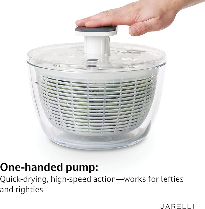 JARELLI Glass Salad Spinner Large Capacity 6.3QT with Storage Lid | Boroscilicate Glass Bowl and BPA-Free and Food-Safe Colander, Base, Spinner Lid and Storage Lid | Washing, Spinning, and Draining