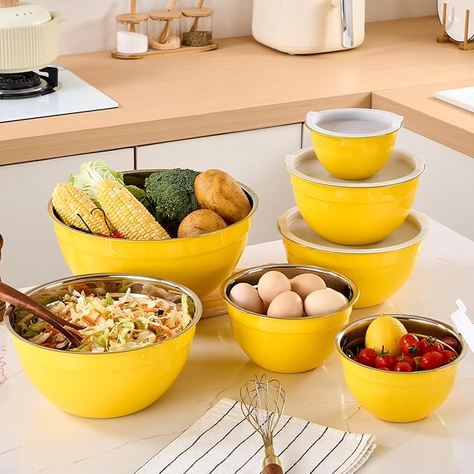 Moxinox Yellow Mixing Bowls with Airtight Lids, Stainless Steel Nesting Mixing Bowls Set of 7, Ideal for Baking, Prepping and Serving Food, Size 7, 3.6, 2.7, 2.1, 1.5, 1.1,0.8 QT, Stackable Design