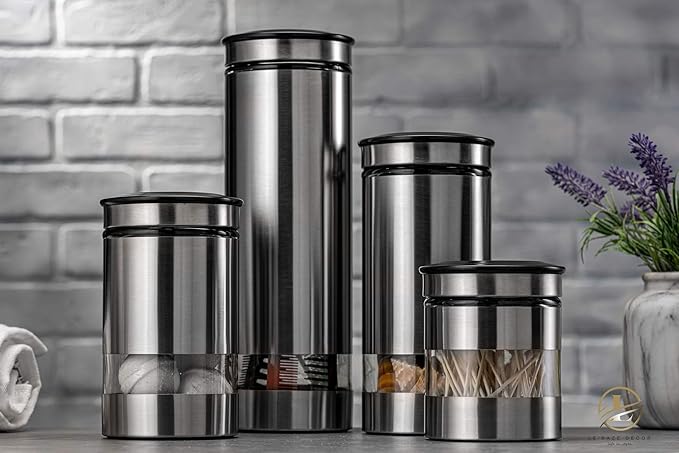 Le'raze Quality Stainless Steel Canister Set of 4 for Kitchen Counter with Glass Window & Airtight Lid - Food Storage Containers with Lids Airtight - Pantry Storage and Organization Set