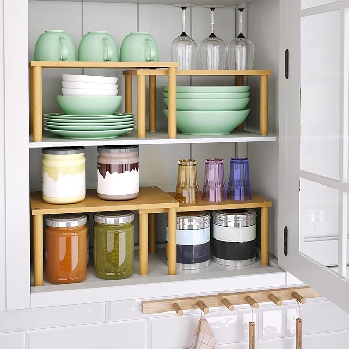 VERTORGAN Cabinet Organizer Shelf(Set of 2),Kitchen Counter Shelves,Bamboo Stackable Expandable Spice Rack Countertop(Medium)
