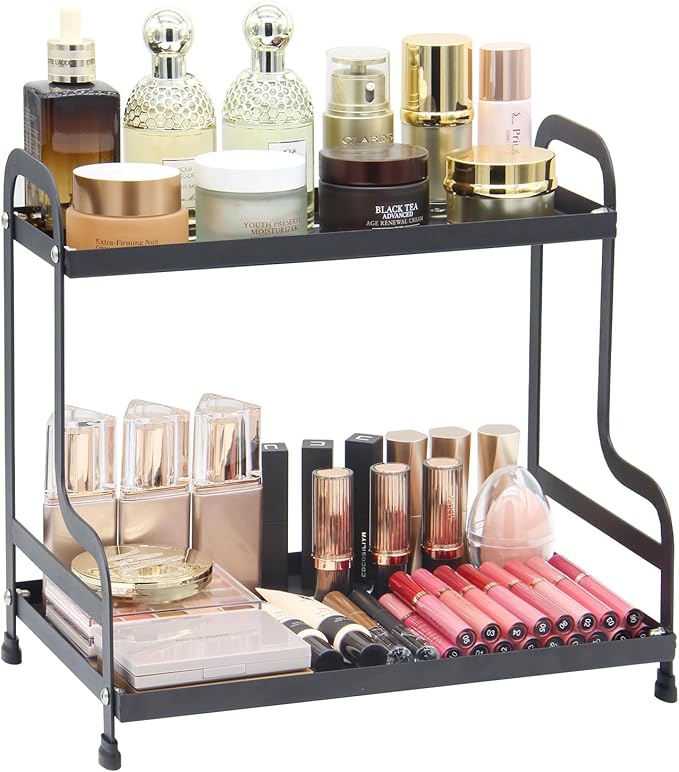 Jofuas 2-Tier Metal Organizer Shelf for Bathroom & Kitchen - Heavy Duty Countertop Storage, Under Sink Cosmetic & Spice Organizer with Non-Slip Base, Easy Assembly