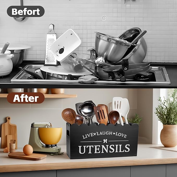 ZhiiYuanStore Extra Large Kitchen Utensil Holder – 4-Compartment Wooden Utensil Organizer for Kitchen Counter, Rustic Farmhouse Black Décor & Accessories, Cooking Utensil Storage（black）