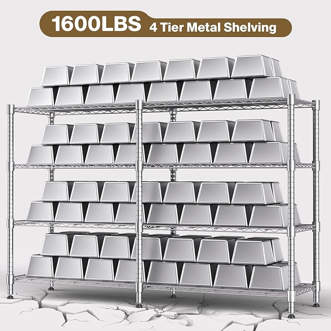 Himimi 4-Tier Metal Shelving-1600LBS Capacity, Adjustable Heavy Duty Wire Unit with Leveling Feet for Kitchen, Garage, Pantry, Laundry, 72" W x 18" D x 60" H, Silver
