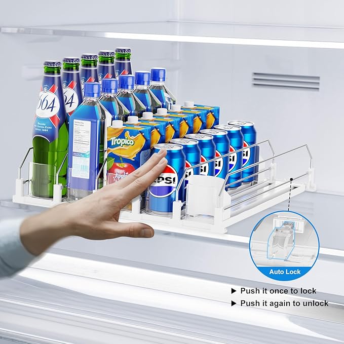 Drink Organizer for Fridge,5 Rows Fridge Soda Can Organizer,20oz 16oz 12oz-Self Pushing Soda Dispenser for Fridge,Adjustable Width-Holds up to 25 Cans,White