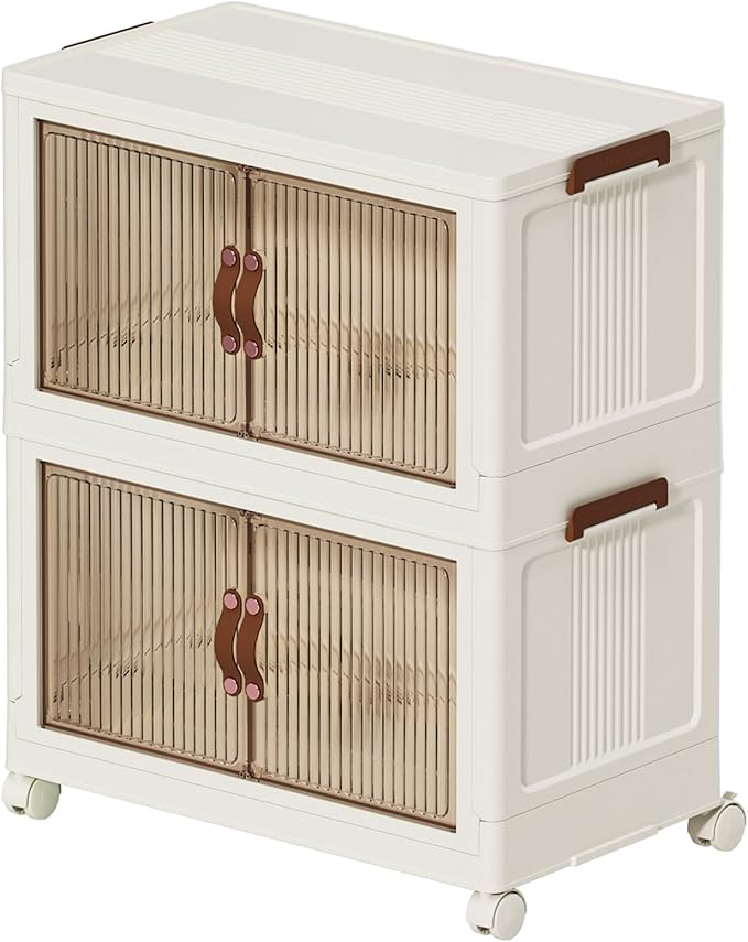 Collapsible Storage Bins with Lids - Stackable Plastic Closet Organizers for Clothes, and Home Organization White (2-rack, 9 Gal/rack)