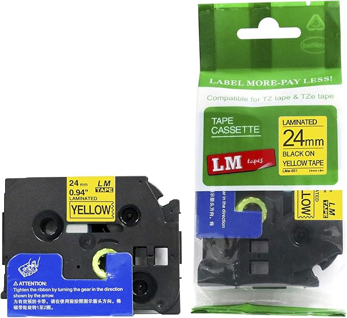 6/Pack LM Tapes - LMe-651 Premium 1" Black Print on Yellow Label Compatible with Brother TZe-651 P-Touch and Includes Tape Color/Size Guide. Replaces TZ651 24mm 0.94 Laminated