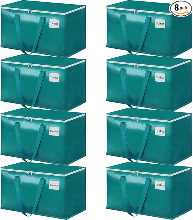StorageRight Moving Bags-Heavy Duty Moving Boxes, Storage Totes with Zipper, Reinforced Handles and Tag Pocket-Collapsible Moving Supplies for moving, Storage and Travel 93L(Green-8 Pack)