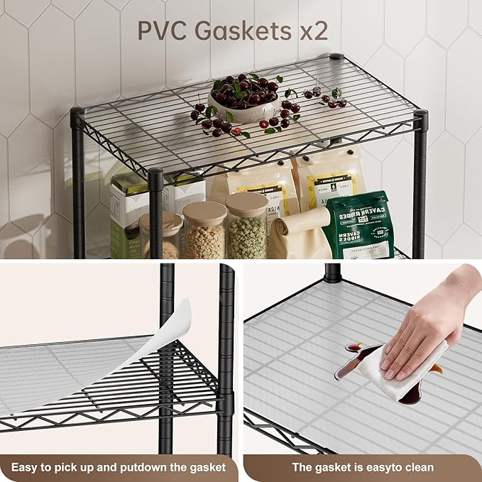 4 Tier Shelves Storage Shelf Wire Closet Bathroom Organizers Metal Pantry Kitchen Garage Shelving Unit Laundry Room Organization Home Rack Net Basket Black with Wheels 14”D X 24”W X 48.9”H