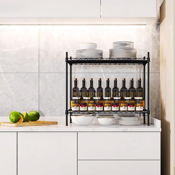 Best 2-Tier Wire Shelving - Black - Lightweight Mini Seasoning Shelf - Kitchen Storage Shelves, Unit with Adjustable Storage Shelf, 11.8"D x 15.7"W x 17.7"H