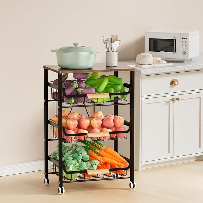 Fruit Vegetable Basket for Kitchen,4 Tier Pantry Organizer with Wheels,Snack cart with Wood Top,Metal Wire Storage Basket Organizer Baskets for Kitchen, Pantry, Bathroom