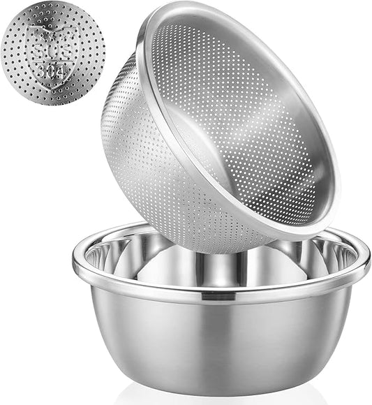 POPGRADE 304 Stainless Steel Colander 2QT Microporous Colander & Mixing Bowl for Kitchen Cooking,Rice Strainer with Washing Bowl for Pasta Straining,Fruit Washing,Vegetable Draining(2PCs)