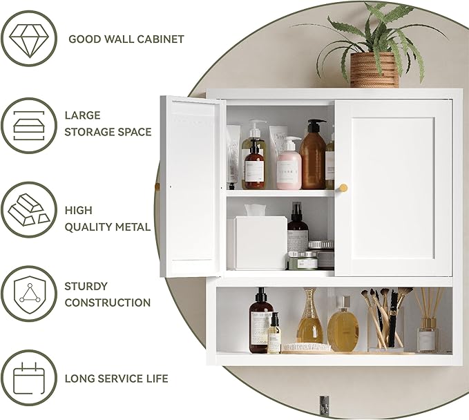 YAUWOH Metal Bathroom Storage Cabinet, Metal Storage Cabinet with 2 Adjustable Shelves & 2 Doors,Freestanding Sideboard for Small Spaces (White, Wall Cabinet-22.59" H)