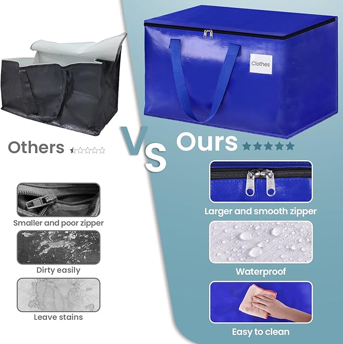 HomeHacks Moving Bags Heavy Duty with Strong Zippers and Handles Collapsible Moving Supplies, Storage Totes for Packing & Moving Storing 125L,4-Pack, Blue