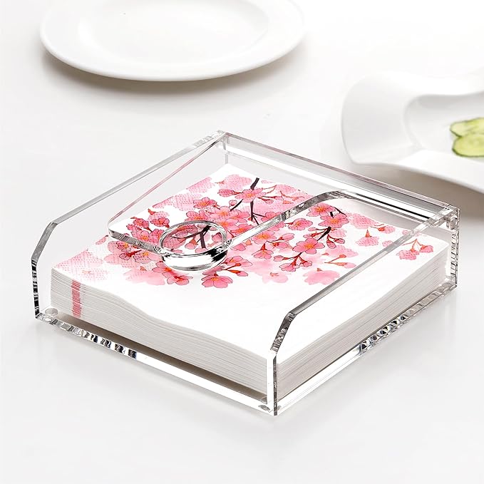 DINGHUO Acrylic Napkin Holder for Table, 7"x7" Clear Luncheon Napkin Holder with Weighted Arm, Flat Kitchen Paper Hand Napkin Dispenser, Suitable for Outdoor & Indoor