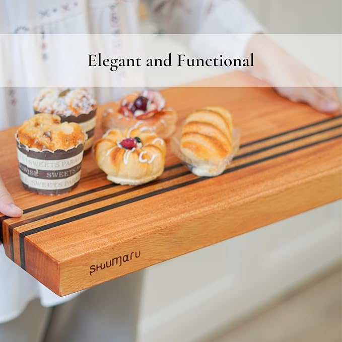 SHUMARU Mahogany Edge-Grain Cutting Board 19×12×1.6″ – Handmade in Bali with Black Sono Wood Inlays, Knife-Friendly, Non-Slip Feet & Ergonomic Handles – Luxury Gift for Chefs & Food Lovers