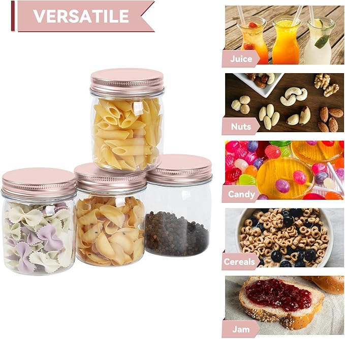 novelinks 8 oz Clear Plastic Jars with Airtight Lids, 48 Pack Plastic Mason Jars with Lids 8oz, Refillable Storage Slime Containers & Small Spice Jar for Kitchen Organization (48 Pack,Rose Gold)