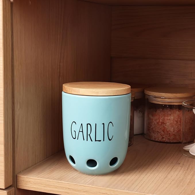 Ceramic Garlic Keeper for Counter, Garlic Saver Container with Wood Lid, Garlic Keeper for Kitchen, Garlic Holder to Keep Your Garlic Cloves Fresh Longer (Turquoise)