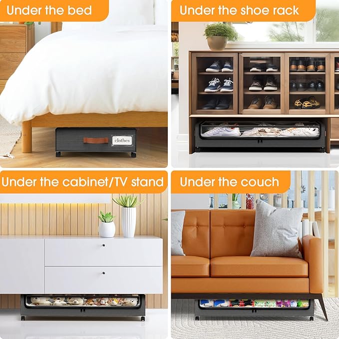 Under Bed Storage with Wheels 3Pack Storage Containers with Clear Window&Label Under Bed Drawers Rolling Under Bed Storage for Clothes,Shoes, Blankets (30.71 x 16.93 x 6.69 in, Dark Grey)