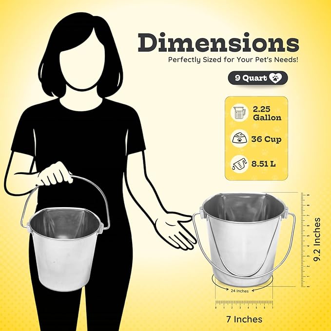 9 quart Stainless Steel Flat Side Bucket | 2.25 gal Durable Heavy Duty Food & Water Feeding Pails for Dog Goat Sheep horse | Fits kennel Cage Critter Crate Hanging Pet Pail | Multipurpose