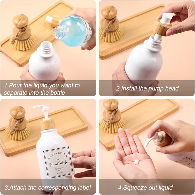 4 Pieces Kitchen Soap Dispenser Set 16 oz Dish Soap Dispenser with Bamboo Pump Soap Tray and Dish Brush Bathroom Soap Dispenser Set with Waterproof Labels for Hand Soap Dish Lotion (White)