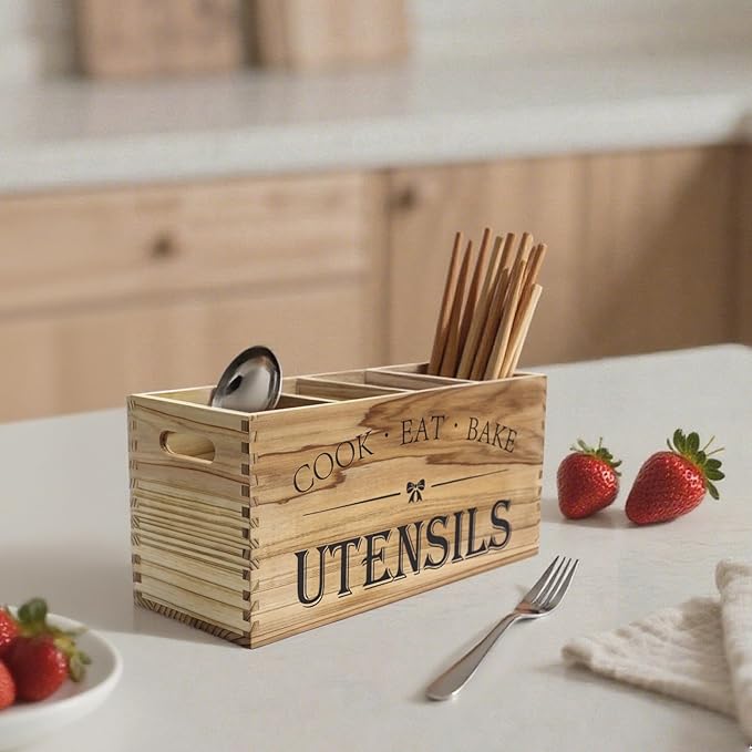 Utensil Holder for Bakers and RV Kitchens - Extra Large 4 Compartment Wooden Countertop Organizer Storage for Cooking Tools, Kitchen Utensils, Daily Essentials in Solid China Fir Wood