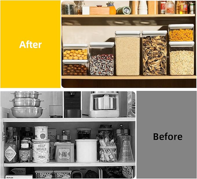 6 Pcs Airtight Food Storage Containers with Lids, Push Button Seal BPA-Free Set for Kitchen Pantry, 0.65QT/0.7QT/1.8QT/2.4QT for Bulk Dry Food, Cereal, Flour, Sugar, RV Kitchen Storage