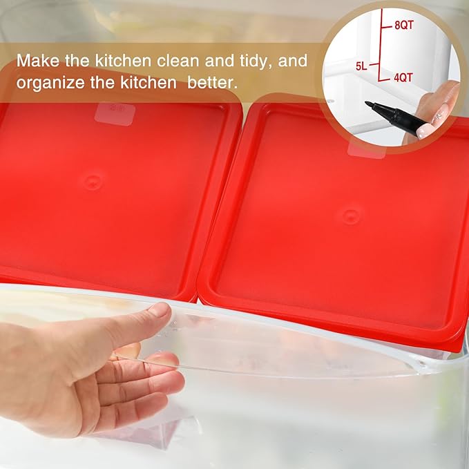 Suclain 2 Pcs Square Food Storage Container Polycarbonate Clear Food Container with Lid Commercial Rice Storage with Graduations for Commercial Kitchen(22 Qt,Red)