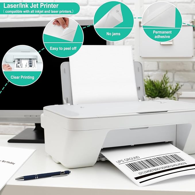 L LIKED 200 Half Sheet Shipping Labels, 2 per Sheet, 200 Labels, 5.5 x 8.5 inch, for Laser & Inkjet Printing (100 Sheets)