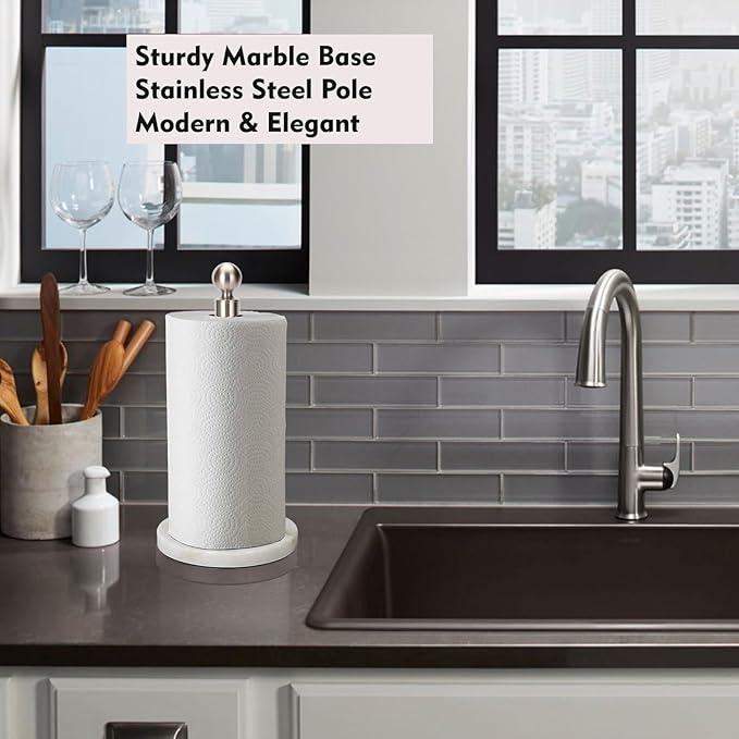 Paper Towel Holder Countertop, Standing Paper Towel Roll Holder for Kitchen Bathroom, with Weighted Base for One-Handed Operation (Marble Base, Brushed Nickel)