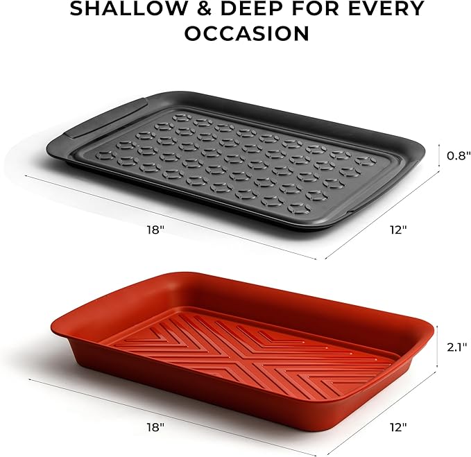 TP Deep Grilling Prep and Serve Trays, 18 x 12 inch BBQ Trays for Cooked and Raw Foods, Set of 2 Melamine Serving Platters for Meats, Grill Accessories, Black and Red