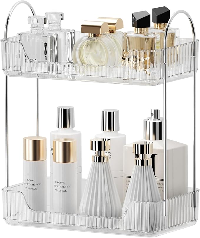 Clear 2-Tier Vanity Organizer - Countertop Shelf for Bathroom Cosmetics, Toiletries, Lotions, Perfumes