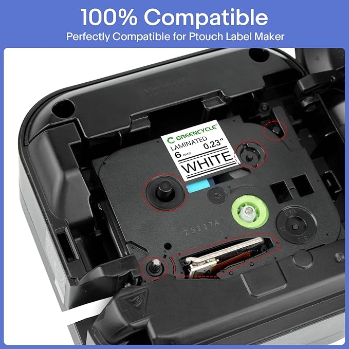 GREENCYCLE 10-Pack Compatible for 1/4" 0.23" 6mm Black on White TZe-211 AZE211 TZ-211 TZ211 Standard Laminated Label Tape for Ptouch PT-D210 PTD400AD PT1230 PTH110 PT Cube Labeler