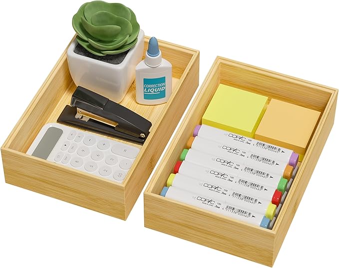 Greatseas Kitchen Drawer Organizer Bins, Stackable Bamboo Drawer Organizer for Silverware, Flatware, Deep Office Desk Drawer Organizer Tray, Desktop Pen, Office Organization 9" x 6" x 2.5" (Set of 2)