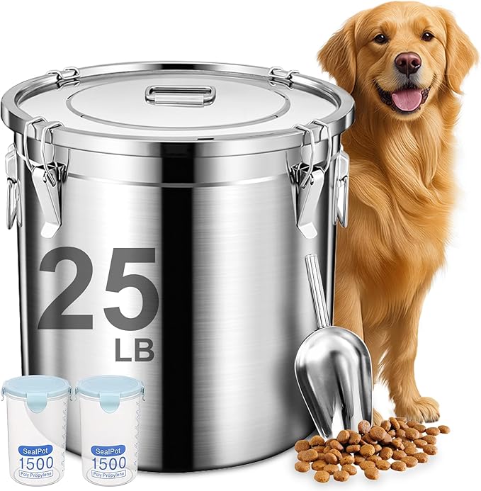 Newget Dog Food Storage Containers, Large Stainless Steel Pet Food Storage Containers 25 lb / 11.5 kg to Keep Fresh, Metal Airtight Cat Food Containers With Scoop and 2 Small Containers