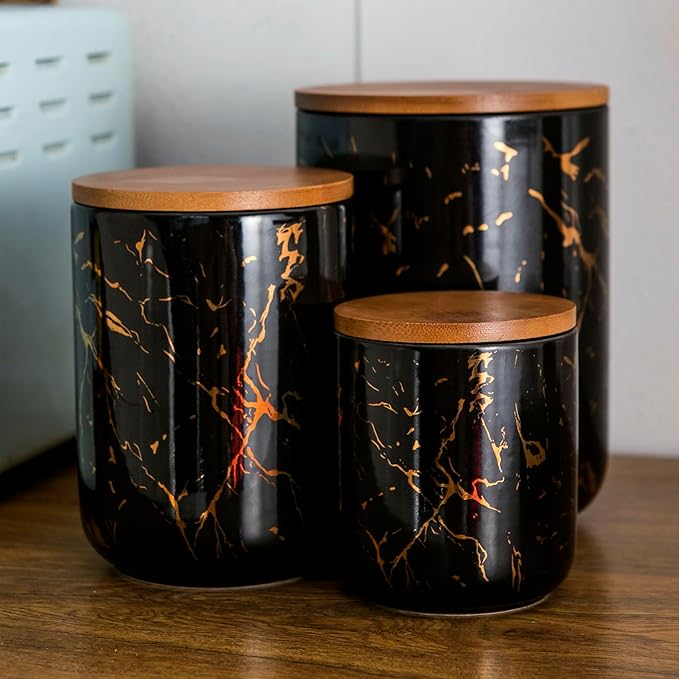 Ceramic Canister Set of 3 for Kitchen Countertop Storage, Black Food Storage Containers Jars with Airtight Wood Lids for Flour, Sugar, Coffee, Tea & Spices, Modern Countertop Decor
