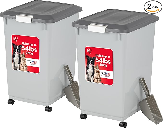 IRIS USA Dog Food Storage Container 54 lbs, 2-Pack with Wheels, Airtight Lid, 2-Cup Scoop, Double Pet Food Storage, Built in Scoop Storage in Lid, Versatile Pet Food Bin, Portable, Gray/Dark Gray
