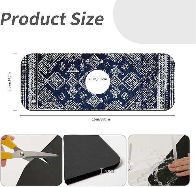 Kitchen Sink Splash Guard，Blue and White Tribal Faucet Mat Sink Gadgets-Super Absorbent Fast Drying Mat Drip Catcher for Kitchen, Bathroom,Sink Mat, Dish Drying Mat, Bathroom(15" X 5.5" )