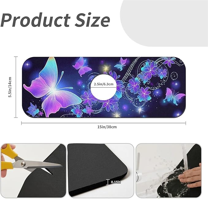 Kitchen Sink Splash Guard，Neon Butterfly Faucet Mat Sink Gadgets-Super Absorbent Fast Drying Mat Drip Catcher for Kitchen, Bathroom,Sink Mat, Dish Drying Mat, Bathroom(15" X 5.5" )
