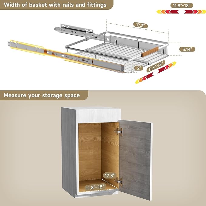 taiheis 2 Pack Expandable Pull Out Cabinet Organizer，Side Mounting 11.8~18"x17.3"Cabinet Pull Out Shelves, Expandable Slide Out Spice Rack for Cabinet for Kitchen Bathroom Office