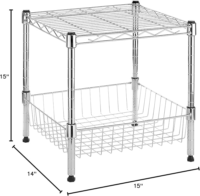 Whitmor 2 Tier Metal Storage Shelves, Heavy Duty Shelf with Basket, 350 lbs Capacity per Shelf, 700 lbs Total, Home Organizer for Kitchen, Bathroom, Bedroom, 15" L x 14" W x 15" H, Chrome
