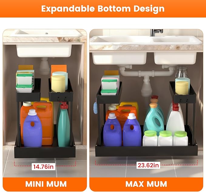 Expandable Under Sink Organizers and Storage,Width Adjustable (14.9-23.6IN),No Drill 2-Tier Pull Out Under Cabinet Organizer for Kitchen Bathroom Laundry (black)