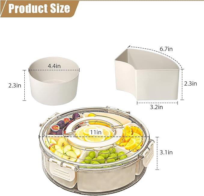 Snackle Box Container Divided Rotating Serving Tray with Lid and Handle, Portable for Fruits Snacks Veggie Charcuterie, Clear Snack Spinner Organizer and Fridge Storage Container for Trave and Picnic
