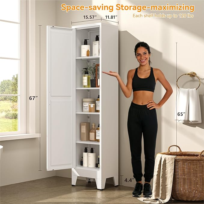 YNIQUESTLE 67" Tall Storage Cabinet with Reversible Doors and Adjustable Shelves,Metal Slim Freestanding Cabinets for Bathroom Kitchen Garage Small Spaces,White