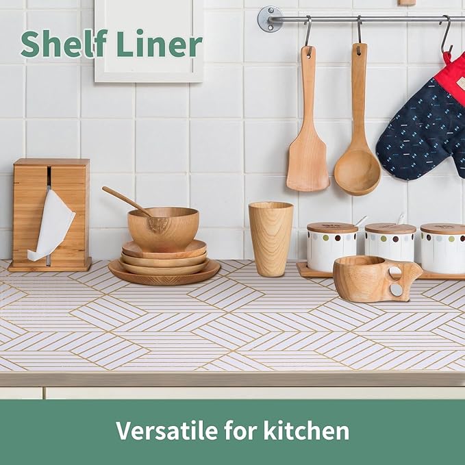 Shelf Liners for Kitchen Cabinets 23.6in x 40FT, Non Adhesive Cabinet Liner Strong Non-Slip Thickened Gold Geometric Drawer Liner, Easy to Clean for Shelf, Cabinet with Knife and Tape Measure
