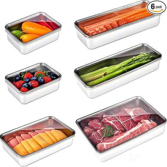 UPTRUST 6 Pack Bacon Cheese Container for Refrigerator, Stainless Steel Meat Container, Dishwasher Safe Storage Containers with Lids for Fridge, 4 Sizes