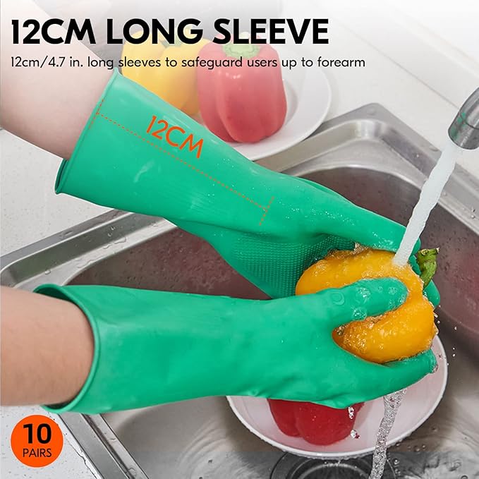 Vgo... 10-Pairs Reusable Household Gloves, Rubber Dishwashing gloves, Extra Thickness, Long Sleeves, Kitchen Cleaning, Working, Painting, Gardening, Pet Care (Size L, Green, HH4601)