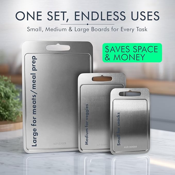 Metal Cutting Boards for Kitchen - Stainless Steel Cutting Board with Juice Grooves, Double Sided, 3 Pack Sizes, Durable and Clean Chopping Boards for Home or Professional Use