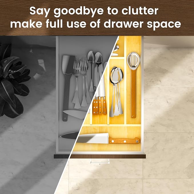 Evjocoh Silverware Drawer Organizer Wood with Adjustable Partition for Kitchen Utensil Cutlery Flatware Cabinet Storage Compartment Tray Insert with Dividers (13.2" W x 19.5" D x 2.5" H)