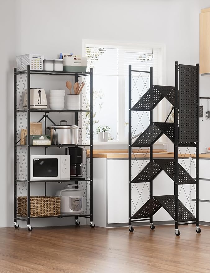 ALANNG 70.7" H Metal Storage Shelves, 5 Tier Folding Shelf on Wheels, Heavy Duty, No Assembly, Rolling, Collapsible Rack Unit for Kitchen, Basement, Pantry (Black,4 Pack)